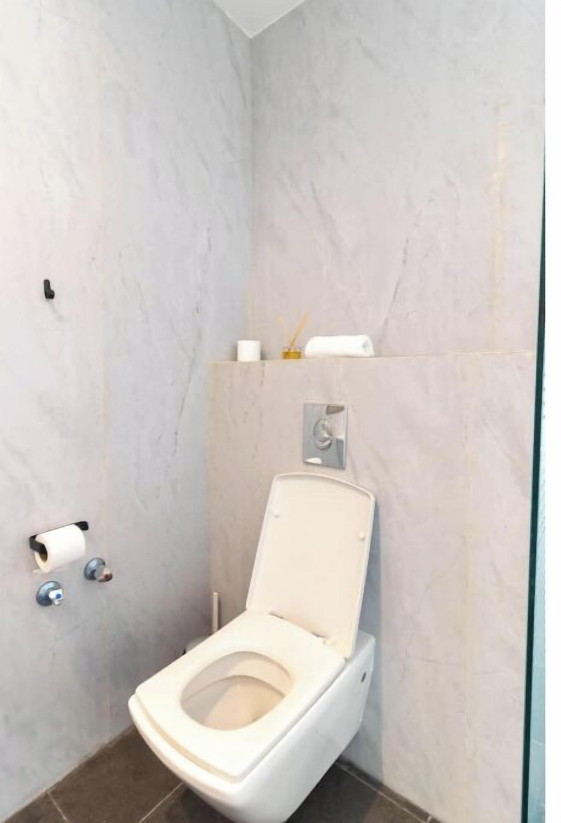 A small, modern bathroom with a toilet, a towel rack, and a toilet paper holder.