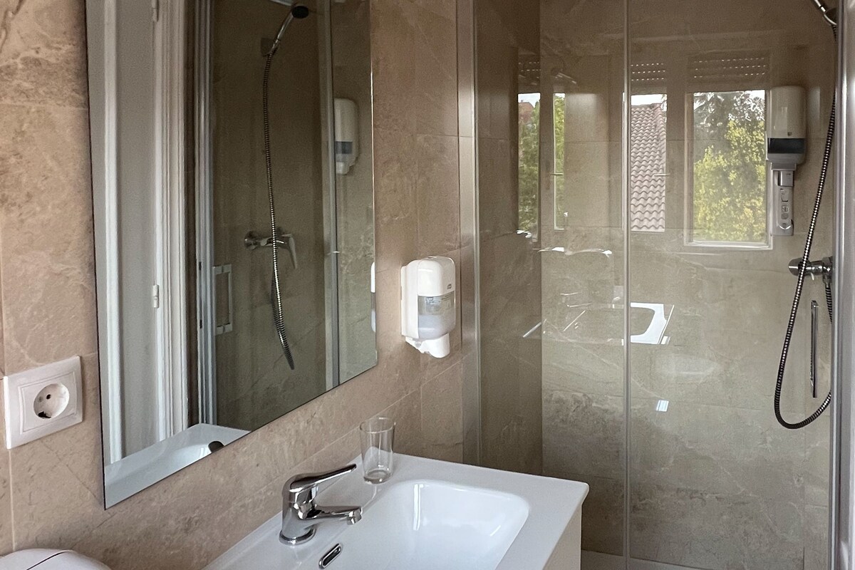 A modern bathroom with a large mirror, a white sink, a handheld showerhead, and a glass-enclosed shower.