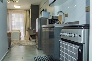 Mini-fridge, microwave, oven, stovetop