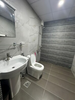 Shower, towels, soap, shampoo