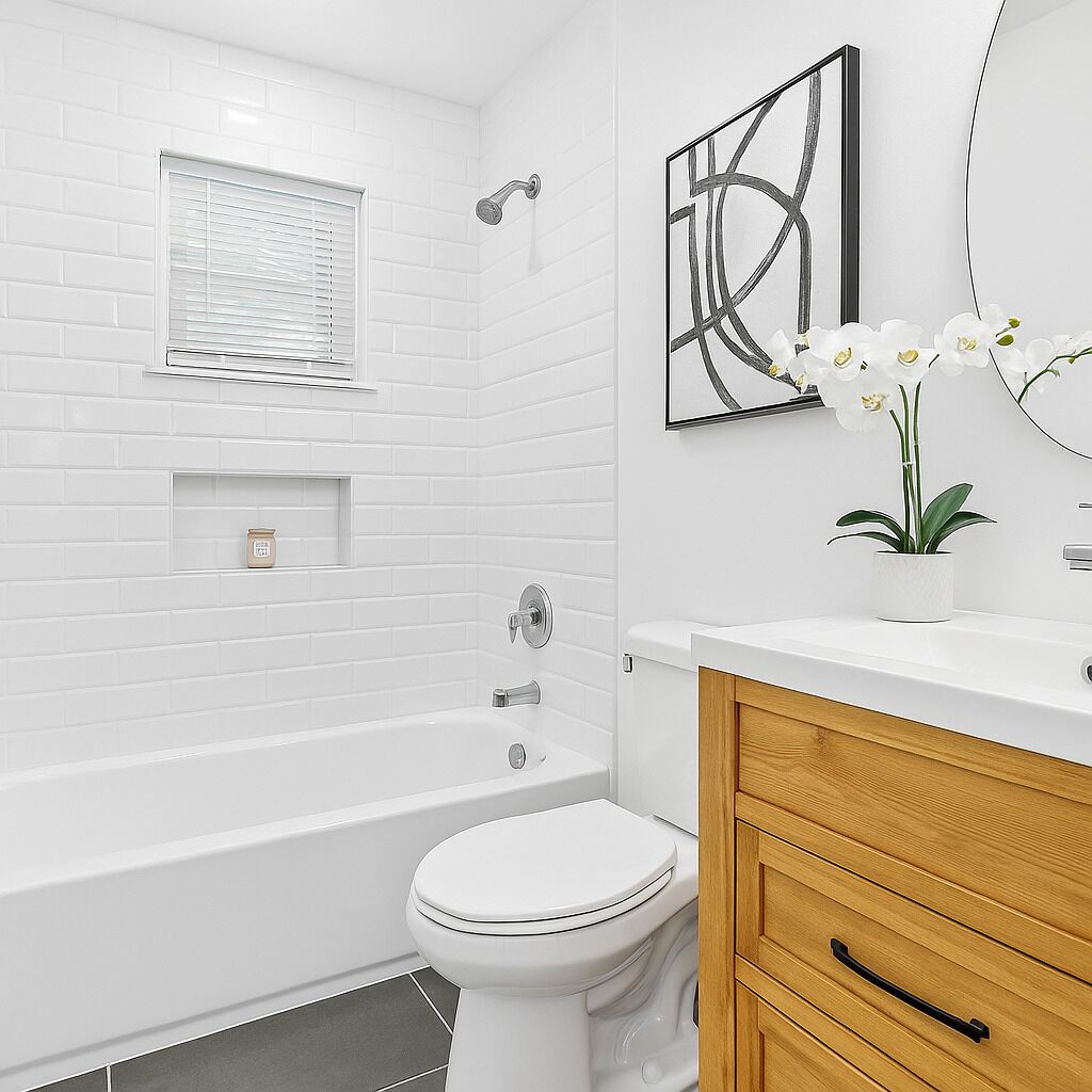 Un baño moderno con azulejos blancos tipo metro, una bañera blanca, un inodoro, un tocador con espejo y una orquídea en maceta.