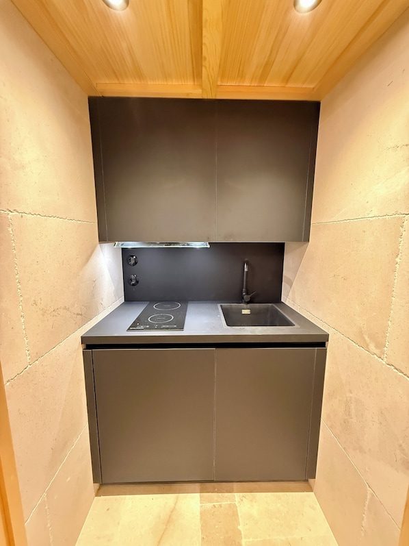 Estudio Deluxe, 1 cama Queen size, para no fumadores, baño privado | Cocina privada | Frigobar, microondas, parrilla de estufa y utensilios de cocina