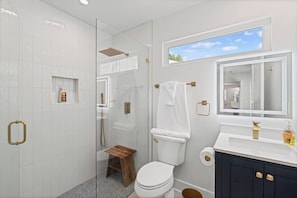 Shower, hair dryer, shampoo
