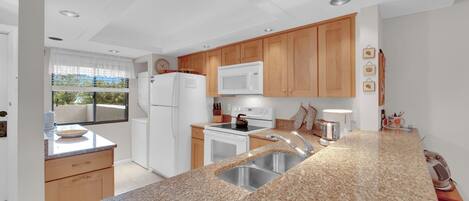 Een koelkast, een magnetron, een oven, een kookplaat