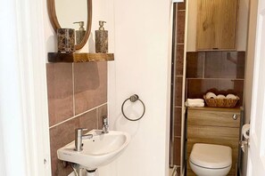 A bathroom with a white sink, a mirror, and a toilet. There are toiletries on a shelf above the mirror. - Central Tenby 3 Bed Apt Sleeps 6 to 8 Dog Friendly (Tenby)