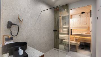 Shower, hair dryer, towels