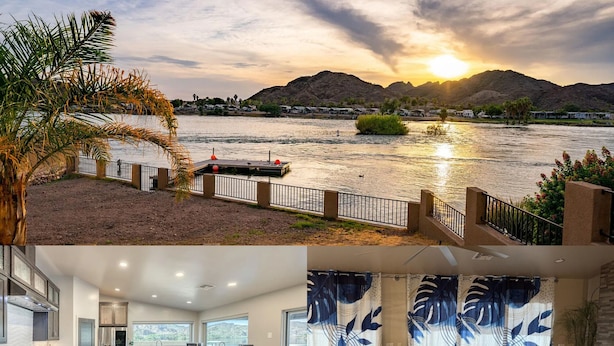 A modern kitchen with a large island, a dining area with wooden chairs, and a living room with a yellow sofa. - Grand Sand Riverfront, private beach & boat dock (Parker)