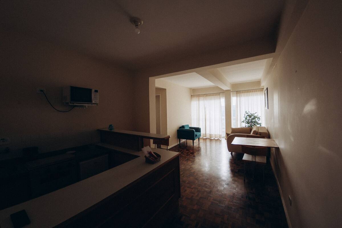 A spacious living area with a kitchen, a dining table, and a sofa.