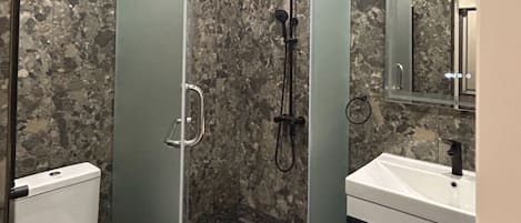 Hair dryer, towels, soap, shampoo