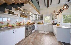 Fridge, oven, stovetop, coffee/tea maker