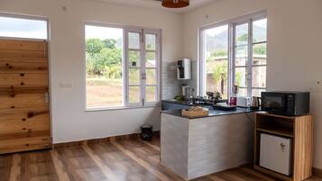 Fridge, microwave, stovetop, electric kettle