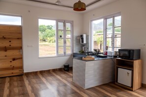 Fridge, microwave, stovetop, electric kettle