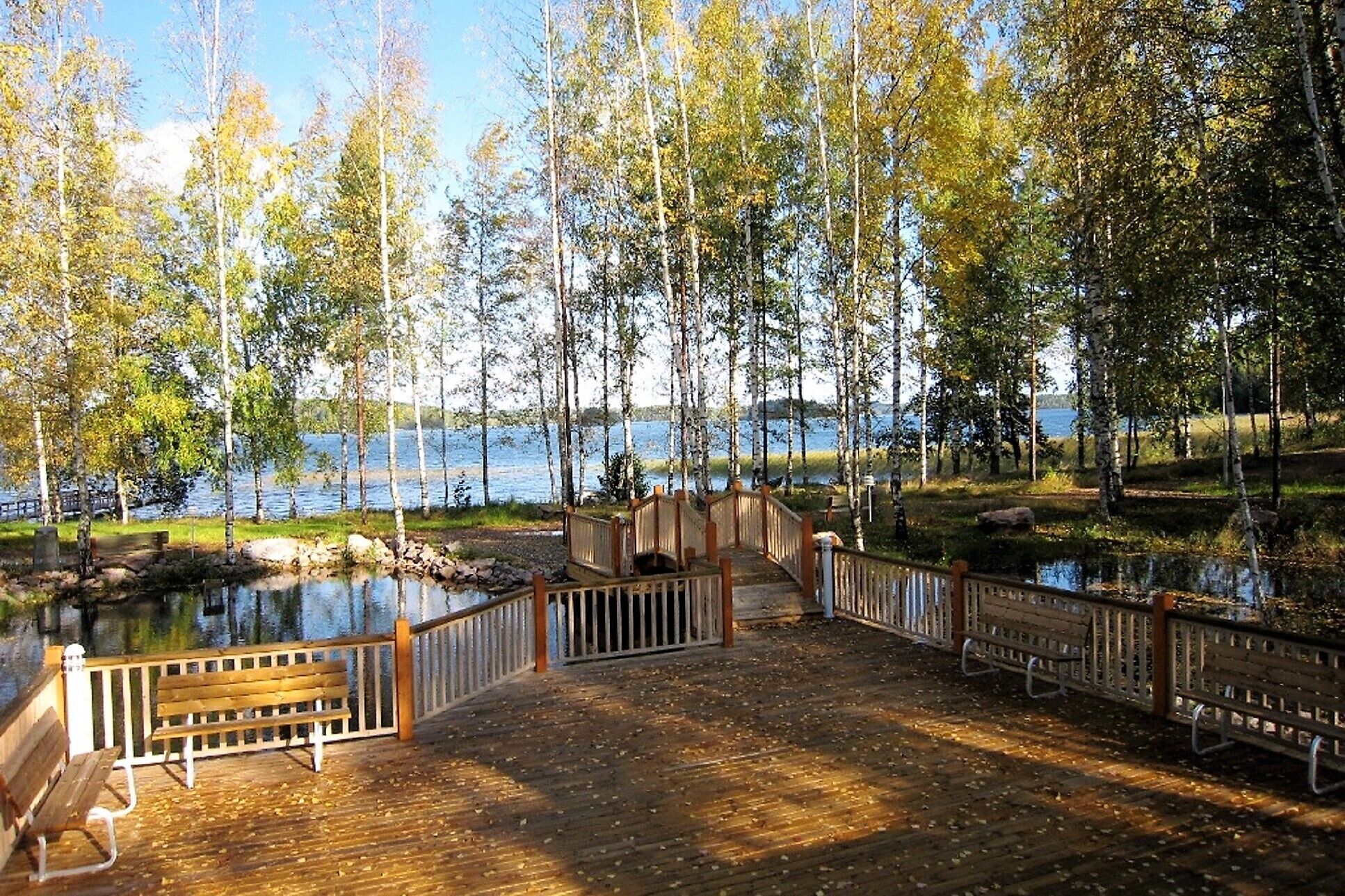 Een houten terras met banken met uitzicht op een meer, omringd door bomen.