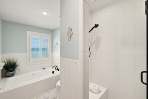 Shower, hair dryer, towels
