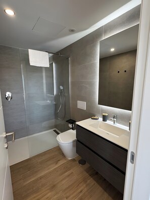 Shower, hair dryer, towels