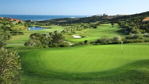 A golf course with a flagstick, water hazards, and a distant view of the sea.