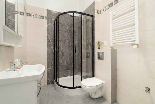 Dusche, Haartrockner, HandtĂŒcher, Shampoo