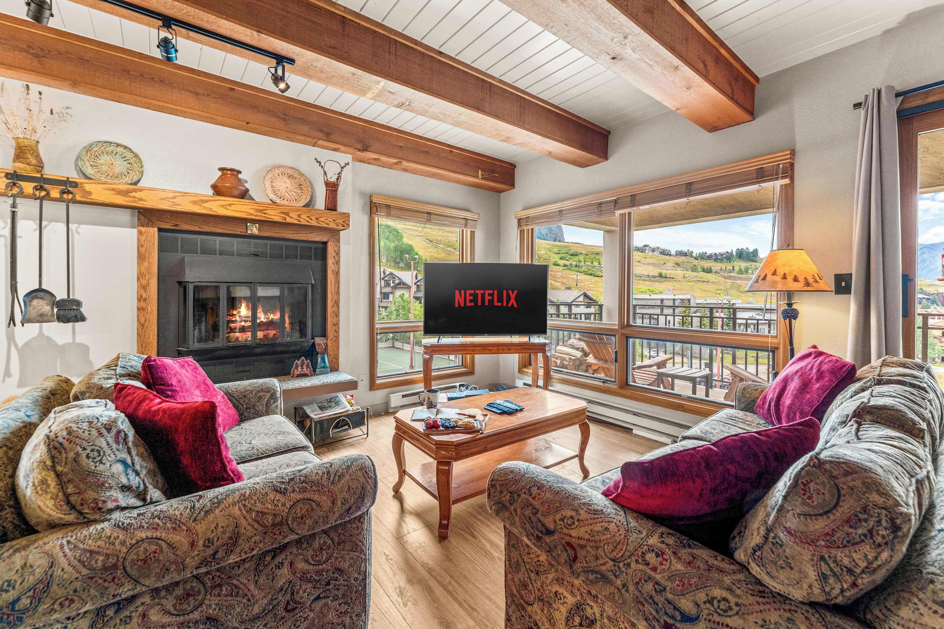 TV, fireplace, DVD player, offices