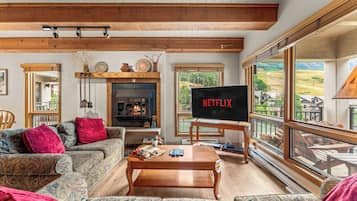 Televisio, takka, DVD-soitin, työhuone