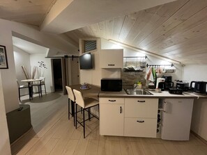 Fridge, microwave, coffee/tea maker, electric kettle