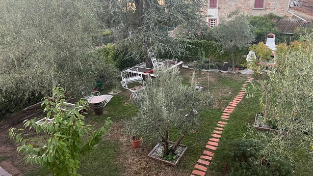 A garden with a white metal bench, a small tree, and a brick pathway. - Lucciano Suite - Apartment with two bedrooms and bathroom (Quarrata)