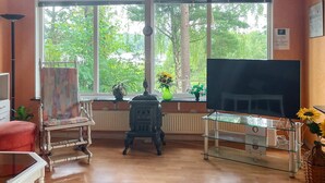 Una habitación con ventanas amplias, una chimenea, un televisor y una mesa de centro de vidrio.