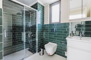 Ducha, secador de pelo, toallas, jabón