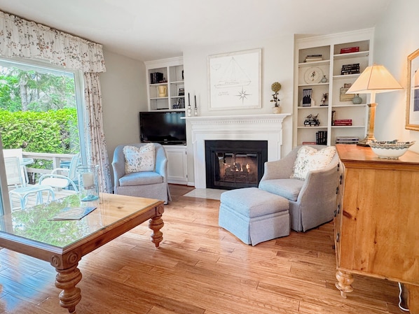 Smart TV, fireplace, books