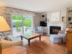 Smart TV, fireplace, books