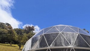 Eine geodätische Kuppel mit klarer, transparenter Abdeckung, umgeben von einer grünen Wiese und Bäumen unter blauem Himmel.