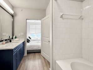 Shower, hair dryer, shampoo