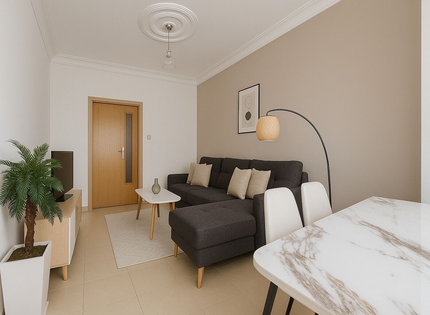 A modern living room with a sofa, a small table, a floor lamp, and a TV.