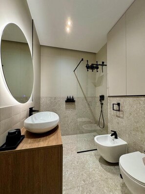 Ducha, secador de pelo, bidé y toallas