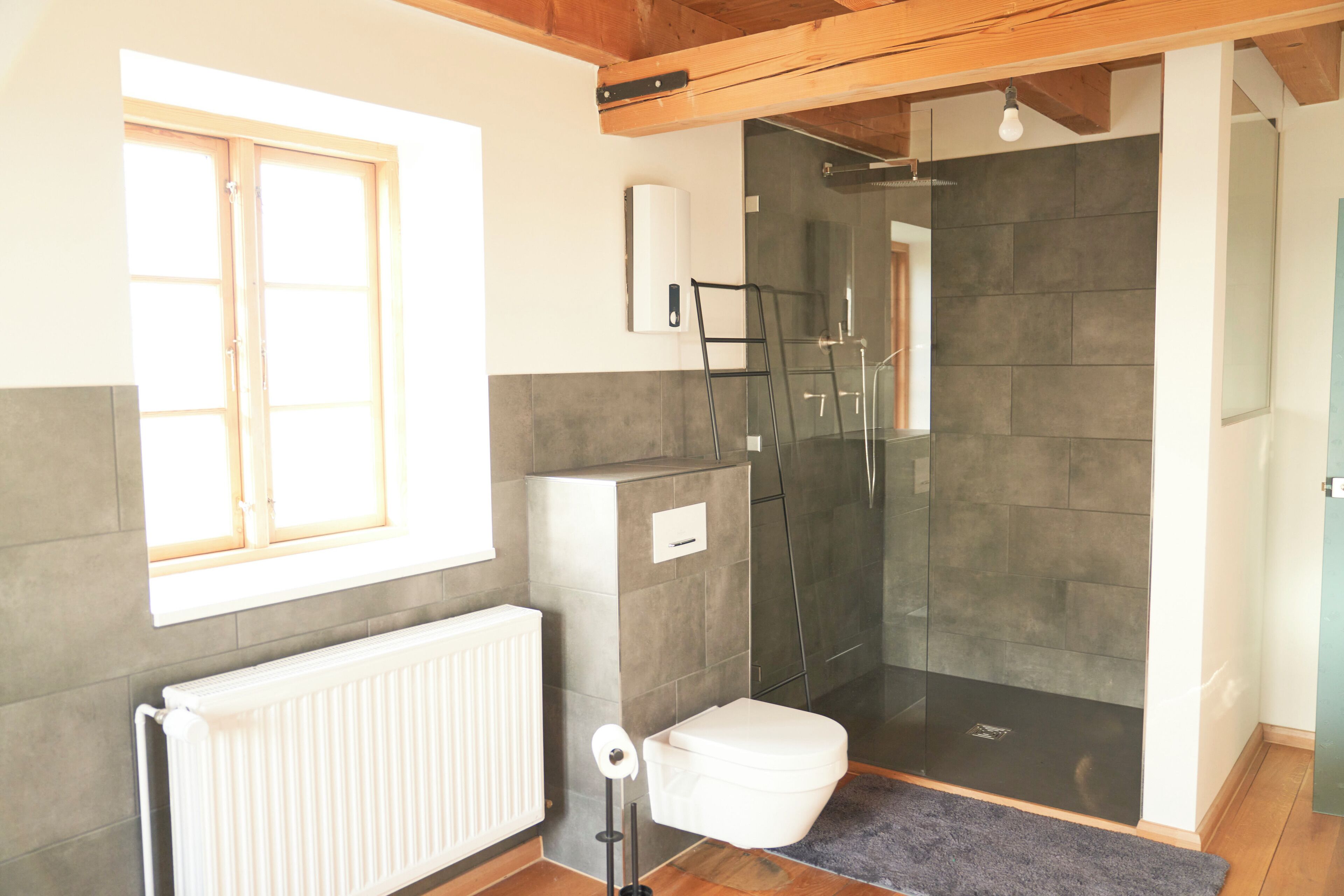 Une salle de bain moderne équipée de toilettes, d’une douche à parois de verre, d’un radiateur et d’une fenêtre.