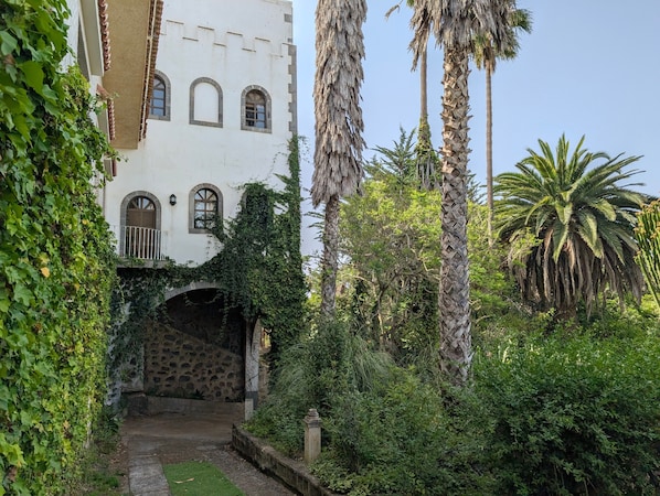 A courtyard with a stone bridge, lush greenery, and a white building with arched windows.
