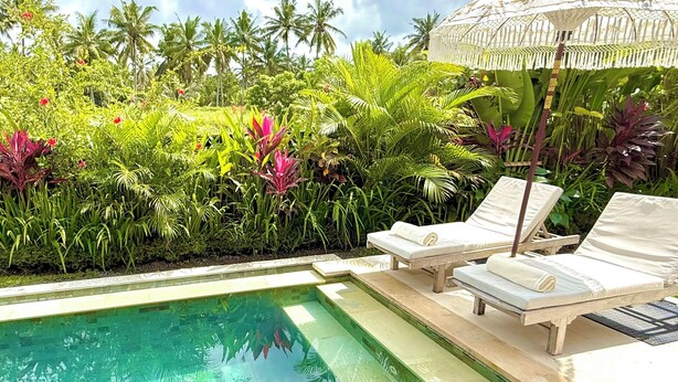A swimming pool with two lounge chairs and a canopy. - Villa Hummingbird Ubud (Ubud)