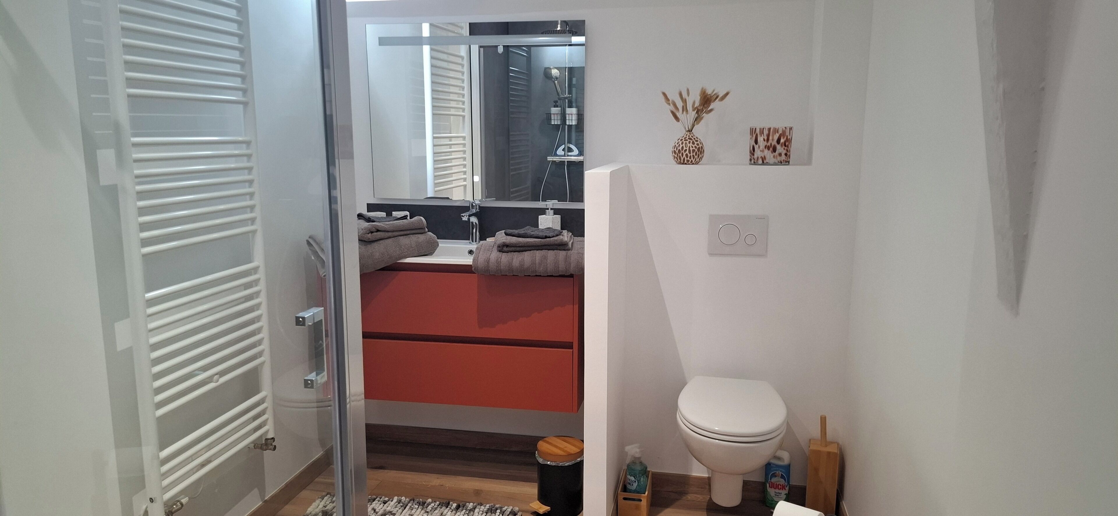A modern bathroom with a glass shower enclosure, a red vanity, a white toilet, and a small wooden side table with toiletries.