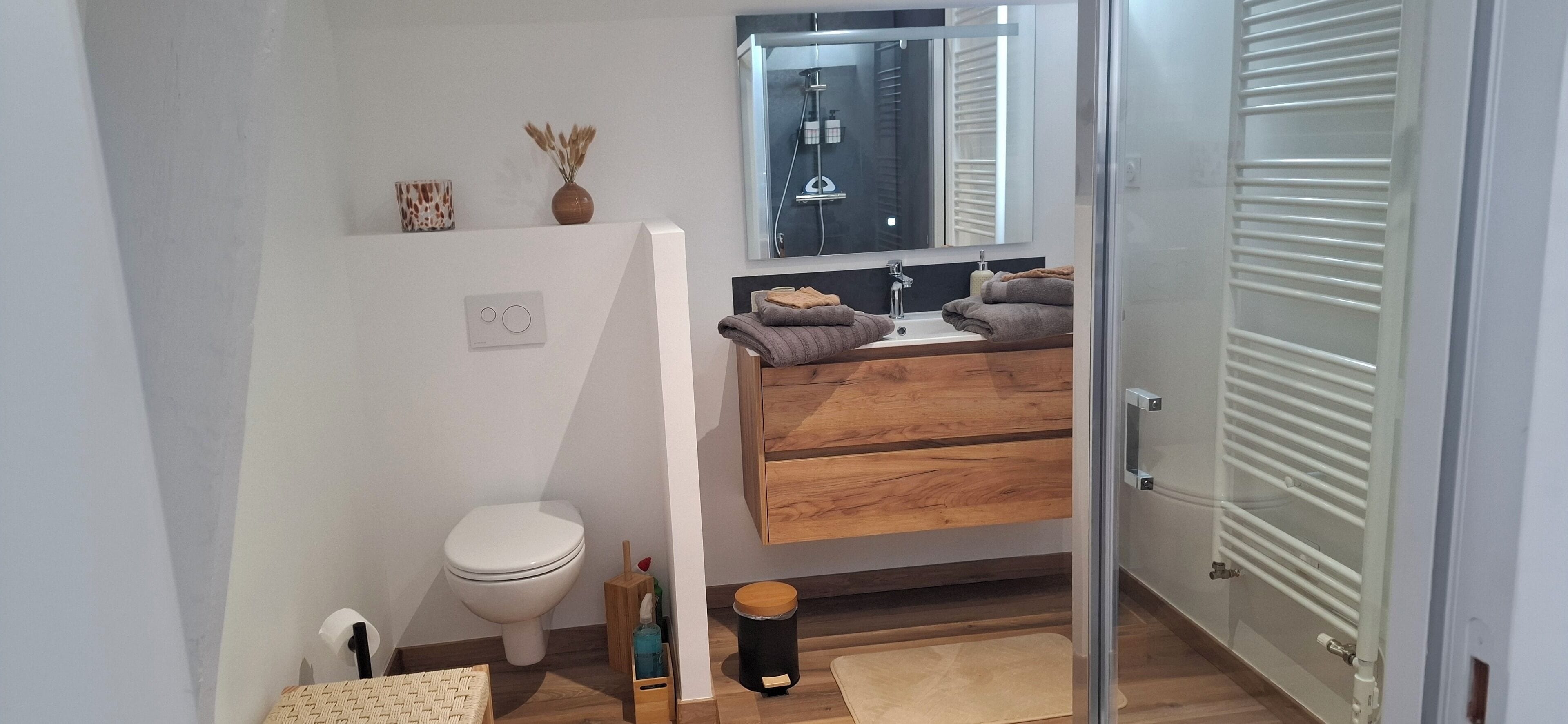 Un baño moderno con inodoro, lavamanos y tocador de madera.