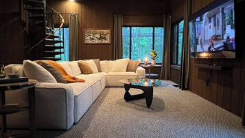 Smart TV, fireplace, video games, DVD player