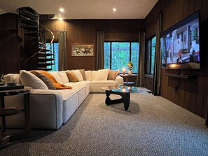 Smart TV, fireplace, video games, DVD player