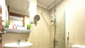 Une salle de bain équipée d’un lavabo, de toilettes et d’une douche à parois en verre.