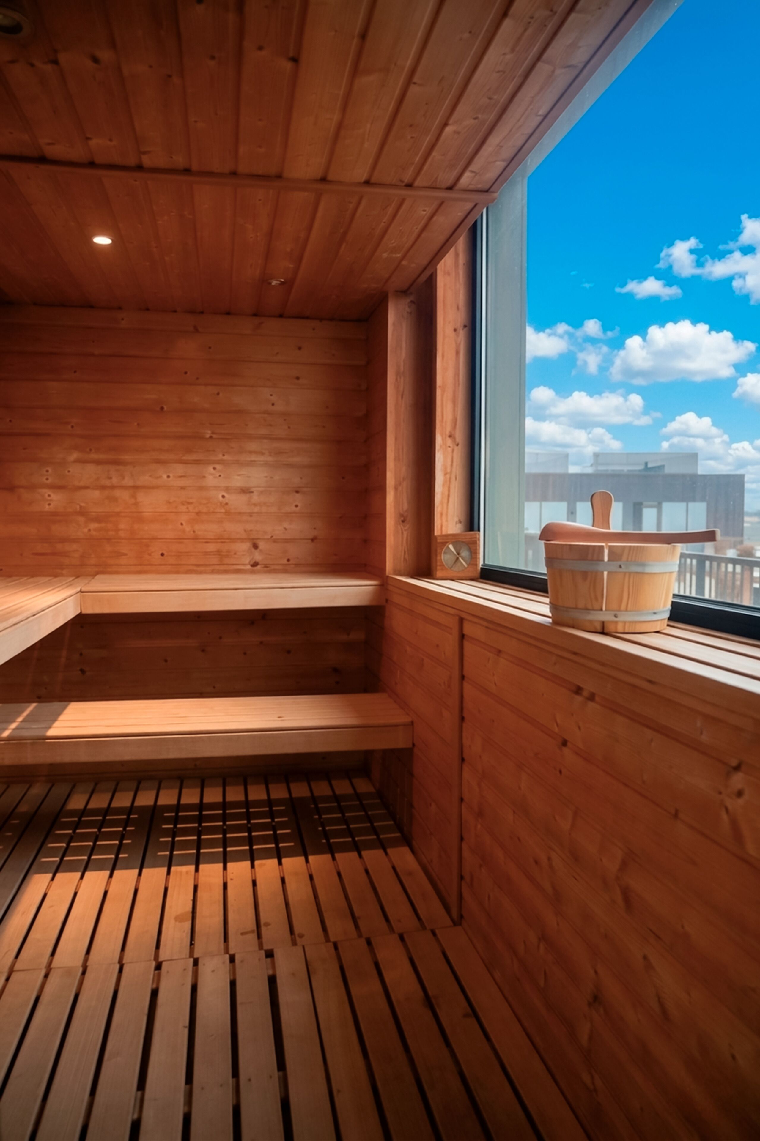 A wooden sauna with benches and a window.