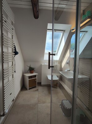 Shower, hair dryer, towels, soap