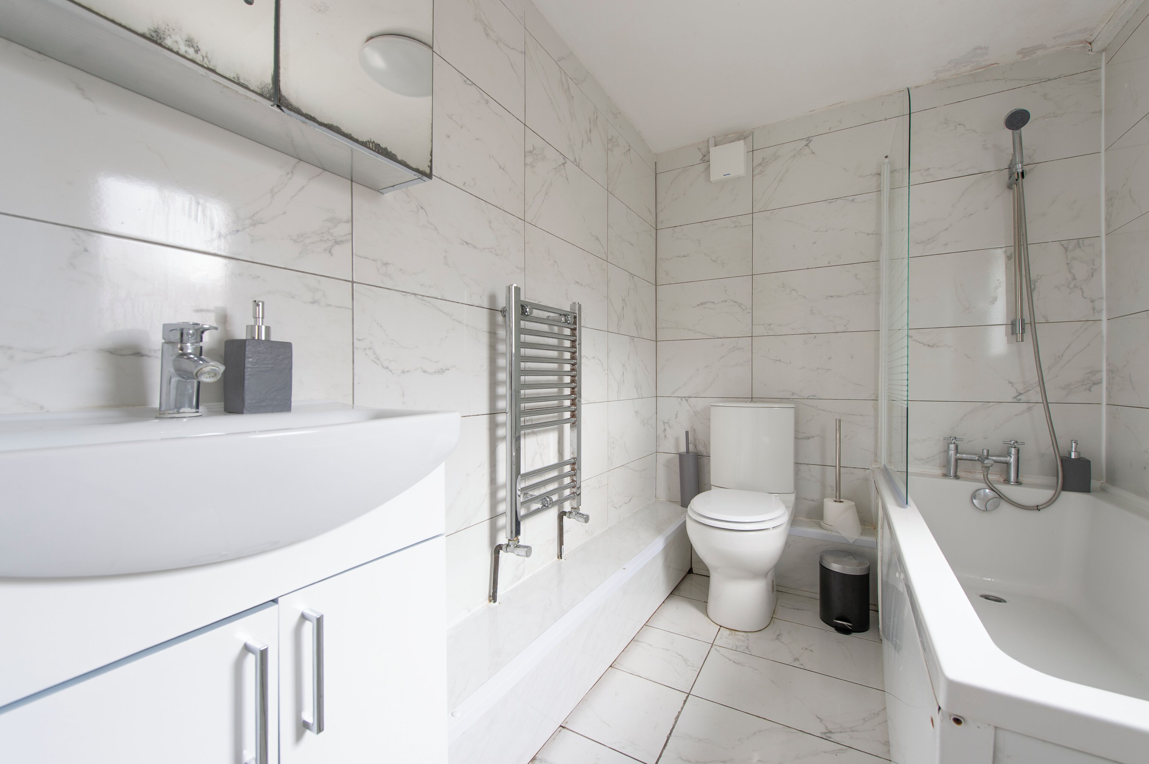 Hair dryer, towels, soap, toilet paper