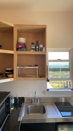 Fridge, microwave, stovetop, coffee/tea maker