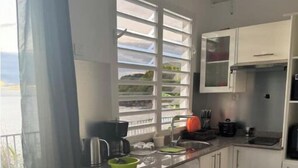 A compact kitchen with a washing machine, a coffee maker, and a window with a view of the outdoors. - Studio in the Corniche d'or (Pointe-Noire)