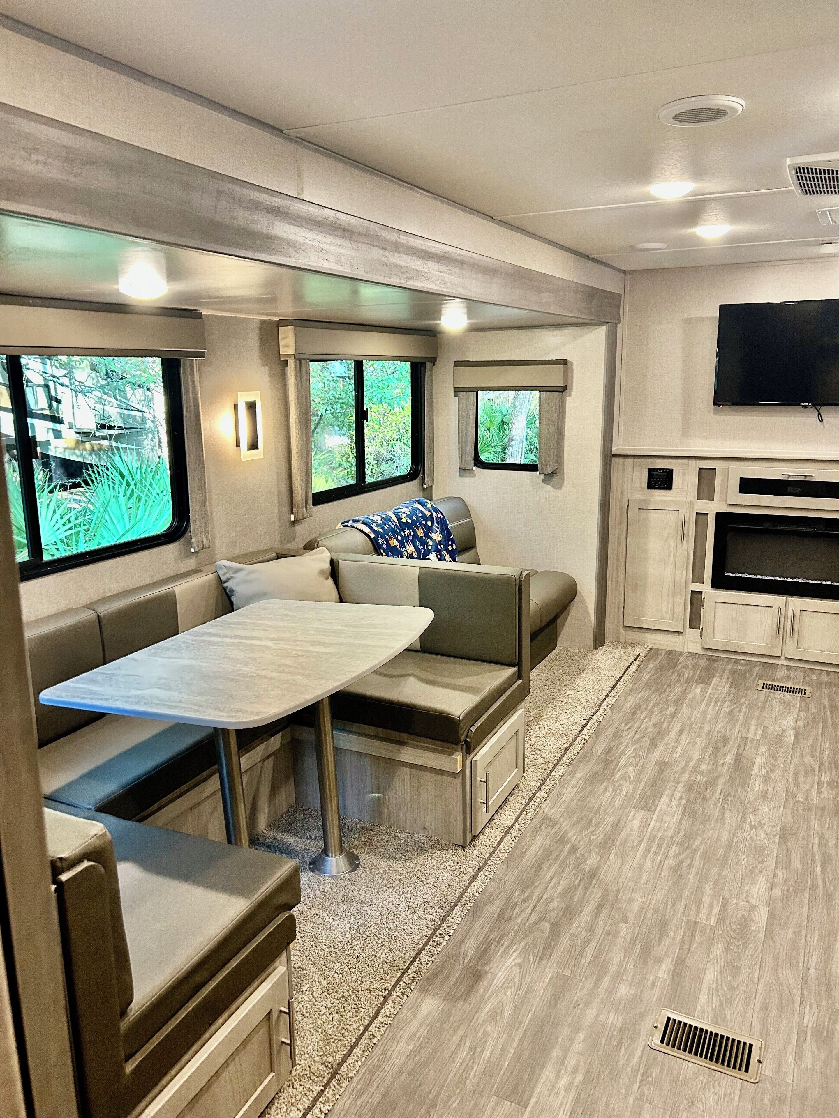 Télévision, cheminée, lecteur de DVD, baby-foot