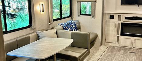 TV, fireplace, DVD player, foosball