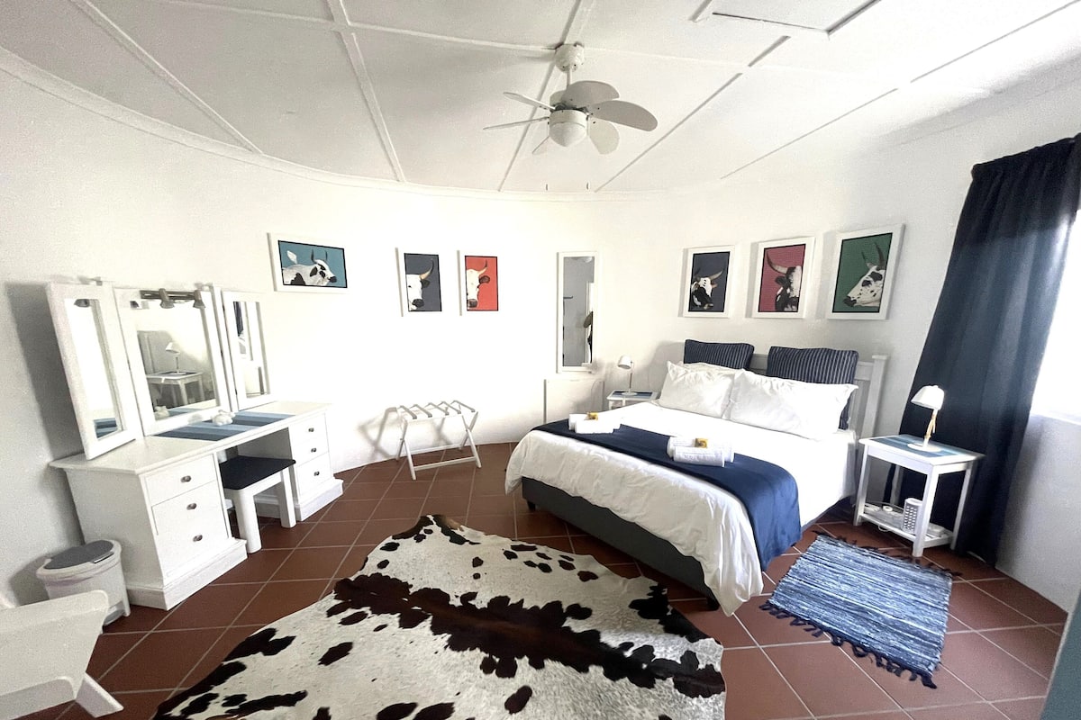 A hotel room with a bed, a desk, a chair, a wardrobe, a mirror, a ceiling fan, and a cowhide rug.