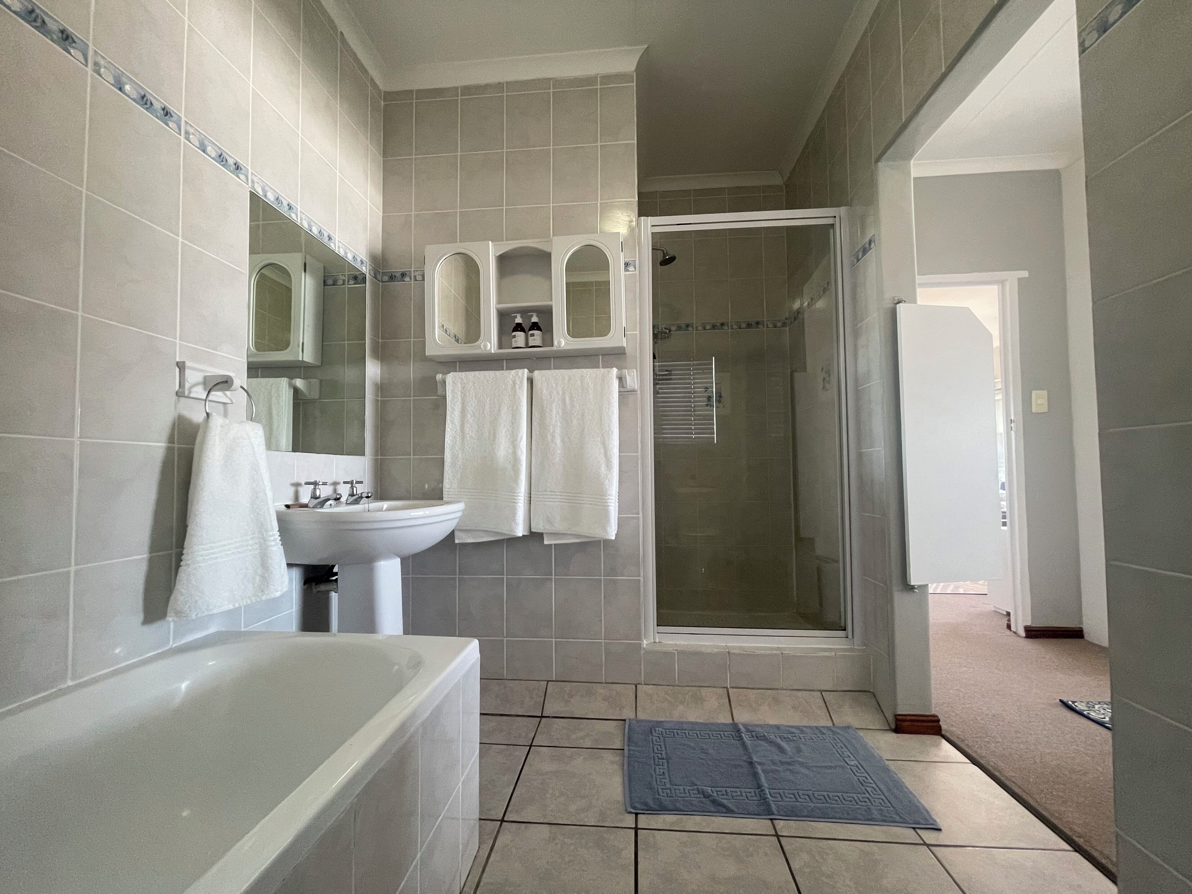 Une salle de bain avec une baignoire, un lavabo, une douche et un miroir.